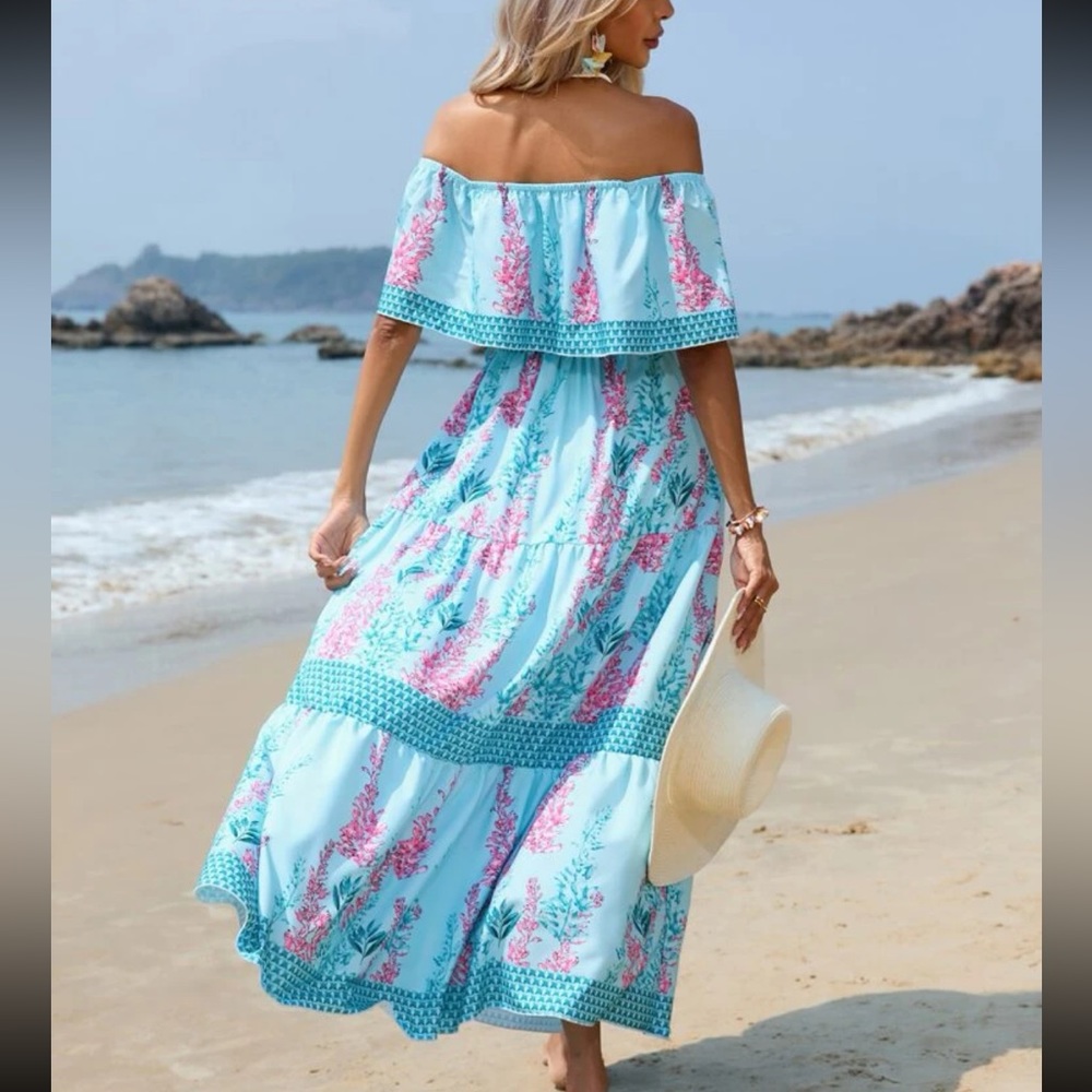 Bohemian Floral Print Off Shoulder Ruffle Maxi Dress Blue - Picture 2 of 7
